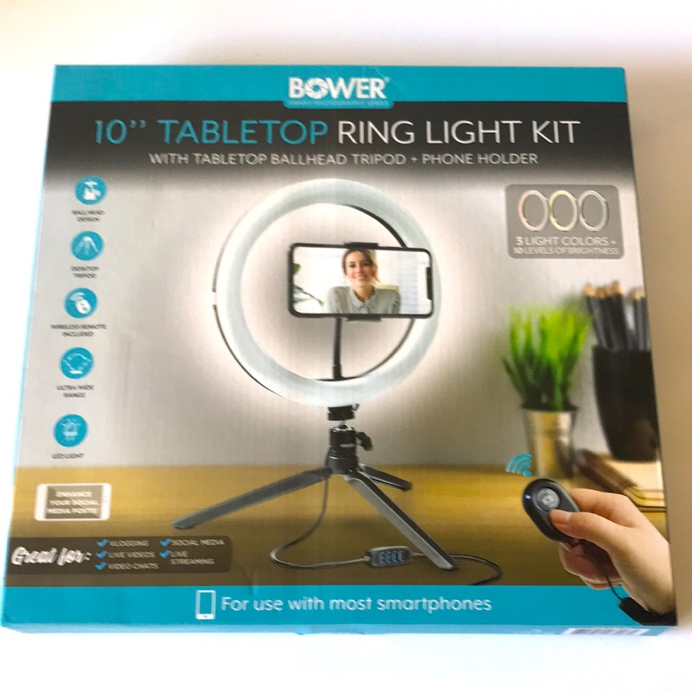 Bower 10inch Tabletop Ring Light Kit with tabletop ballhead tripod +phone holder